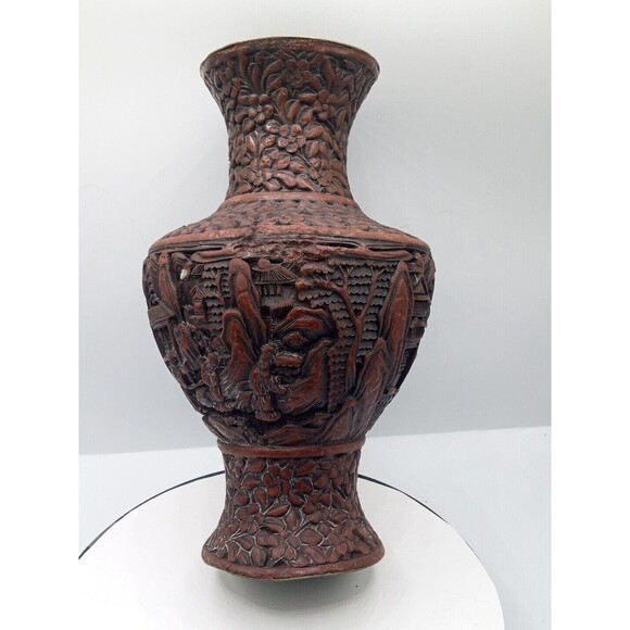 Chinese Cinnabar Vase Carved Super Rare Piece Antique 8 1/2" Tall - Picture 3 of 16